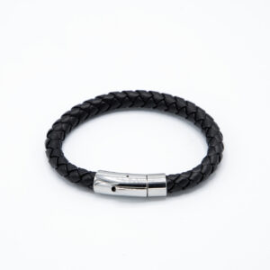 RVS Armband zwart gevlochten leder - smal